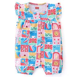 Babyhug 100% Cotton Knit Half Sleeves Romper With Kitten Print - Multicolour