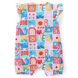 Babyhug 100% Cotton Knit Half Sleeves Romper With Kitten Print - Multicolour