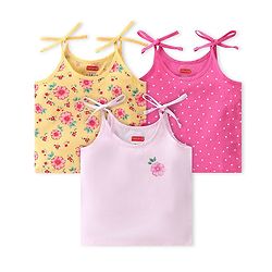 Babyhug 100% Cotton Poplin Woven Sleeveless Tie Knot Jhabla Floral & Polka Dot Print Pack of 3 - Yellow & Pink