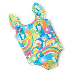 Babyhug Flutter Sleeves  Two Way Stretch Fabric  V Cut Swimsuit Rainbow Print - Multicolour