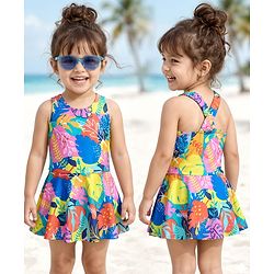 Babyhug Sleeveless Two Way Stretch Fabric Legged Frock Swimsuit Leaf Print - Multicolour