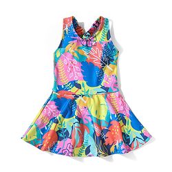 Babyhug Sleeveless Two Way Stretch Fabric Legged Frock Swimsuit Leaf Print - Multicolour