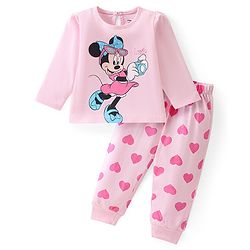 Babyhug Disney Cotton Knit Single Jersey Full Sleeve Night Suit With Minnie Mouse Graphics - Pink