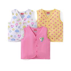 Babyhug 100% Cotton Poplin Sleeveless Front Open Jhablas Floral Print Pack of 3- Pink Yellow & White