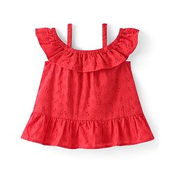 Babyhug Cotton Woven A-Line Half Sleeves Schiffli Top With Frill Detailing - Red