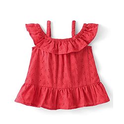 Babyhug Cotton Woven A-Line Half Sleeves Schiffli Top With Frill Detailing - Red
