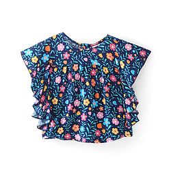 Babyhug Cotton Knit Half Sleeves Top With Frill Detailing & Floral  Print- Navy Blue