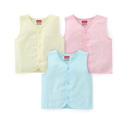 Babyhug 100% Cotton Poplin Sleeveless Front Open Jhablas Solid Colour Pack of 3- Pink Yellow & Blue