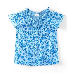 Babyhug Rayon Woven Half Sleeves Top With Smocking Frill Detailing & Floral Print - Blue