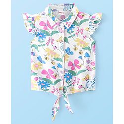 Babyhug Rayon Woven Frill Sleeves Top With Bow and Knot Detailing Floral Print - White