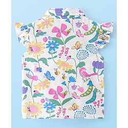Babyhug Rayon Woven Frill Sleeves Top With Bow and Knot Detailing Floral Print - White