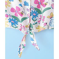 Babyhug Rayon Woven Frill Sleeves Top With Bow and Knot Detailing Floral Print - White