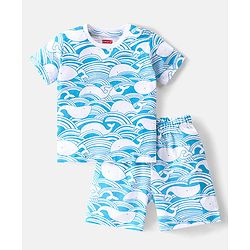 Babyhug Single Jersey Knit  Half Sleeves Nightsuit with Whale Print - Blue