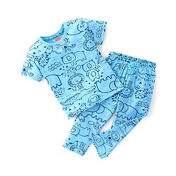 Babyhug Cotton Knit Single Jersey Half Sleeves Night Suit With Animals Print - Blue