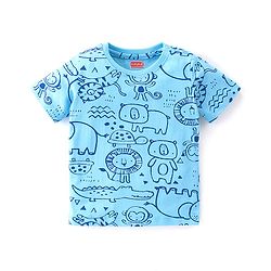 Babyhug Cotton Knit Single Jersey Half Sleeves Night Suit With Animals Print - Blue