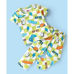 Babyhug Single Jersey Knit Half Sleeves Night Suit Skateboard Print - White & Green