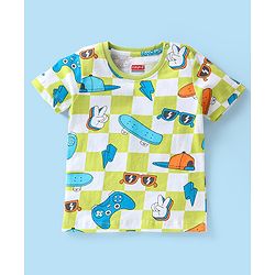 Babyhug Single Jersey Knit Half Sleeves Night Suit Skateboard Print - White & Green