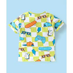 Babyhug Single Jersey Knit Half Sleeves Night Suit Skateboard Print - White & Green