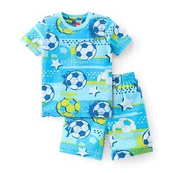 Babyhug Single Jersey Knit Half Sleeves Night Suit Soccer Ball Print - Blue