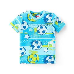 Babyhug Single Jersey Knit Half Sleeves Night Suit Soccer Ball Print - Blue