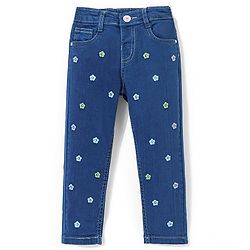 Babyhug Denim  Full Length with Stretch Washed Jeans With Floral Embroidery- Blue