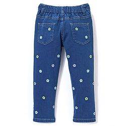 Babyhug Denim  Full Length with Stretch Washed Jeans With Floral Embroidery- Blue