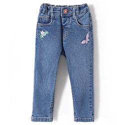 Babyhug Denim Full Length Jeans With Stretch & Butterfly Embroidery - Blue