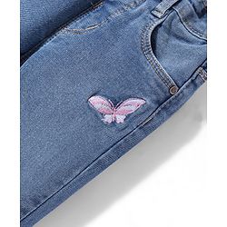 Babyhug Denim Full Length Jeans With Stretch & Butterfly Embroidery - Blue