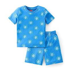 Babyhug Single Jersey Knit Half Sleeves Short Set Sun Print - Blue