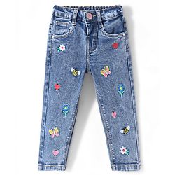 Babyhug Denim Full Length With Stretch Washed Jeans With Butterfly Embroidery - Grey