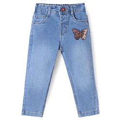 Babyhug Denim Full Length Jeans with Stretch Butterfly Applique - Blue