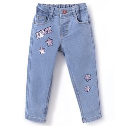 Babyhug Denim Full Length With Stretch Washed Jeans Text Print - Blue