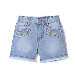 Babyhug Mid Thigh Length Washed & Stretch Denim Shorts With Floral Embroidery - Light Blue