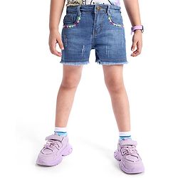 Babyhug Denim Mid Thigh Length Washed Shorts with Heart Embroidery - Navy Blue