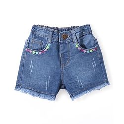 Babyhug Denim Mid Thigh Length Washed Shorts with Heart Embroidery - Navy Blue