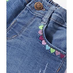 Babyhug Denim Mid Thigh Length Washed Shorts with Heart Embroidery - Navy Blue