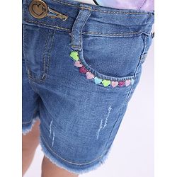 Babyhug Denim Mid Thigh Length Washed Shorts with Heart Embroidery - Navy Blue