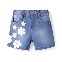 Babyhug Denim Mid Thigh Length With Stretch Shorts Floral Applique - Blue
