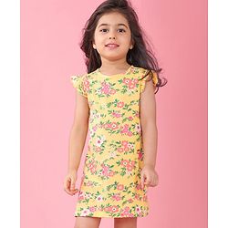 Babyhug Single Jersey Knit Half Sleeves Nighty with Frill Detailing Floral Print - Yellow