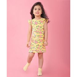 Babyhug Single Jersey Knit Half Sleeves Nighty with Frill Detailing Floral Print - Yellow