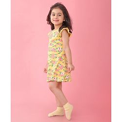 Babyhug Single Jersey Knit Half Sleeves Nighty with Frill Detailing Floral Print - Yellow