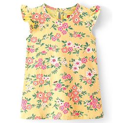 Babyhug Single Jersey Knit Half Sleeves Nighty with Frill Detailing Floral Print - Yellow