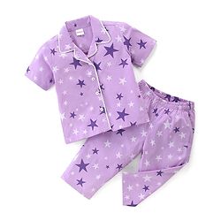 Babyhug Cotton Poplin Woven Half Sleeves Night Suit Star Print - Lavender