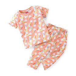 Babyhug Cotton Single Jersey Knit Half Sleeves Night Suit Star Print - Orange