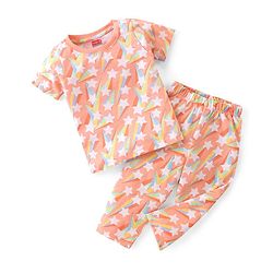 Babyhug Cotton Single Jersey Knit Half Sleeves Night Suit Star Print - Orange