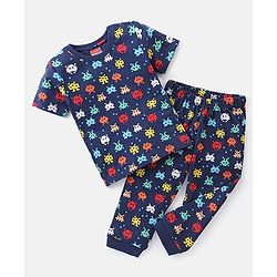 Babyhug Cotton Knit Half Sleeves Printed Night Suit - Blue