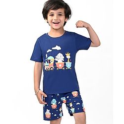 Babyhug Cotton Knit Half Sleeves Animal Printed Night Suit - Navy