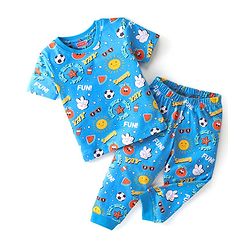 Babyhug Cotton Knit Half Sleeves Night Suit With Summer Theme Print - Blue