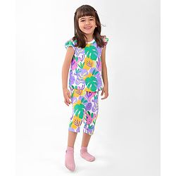 Babyhug Cotton Knit Single Jersey Frill Sleeves Night Suit with Print - Purple & Green