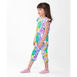 Babyhug Cotton Knit Single Jersey Frill Sleeves Night Suit with Print - Purple & Green